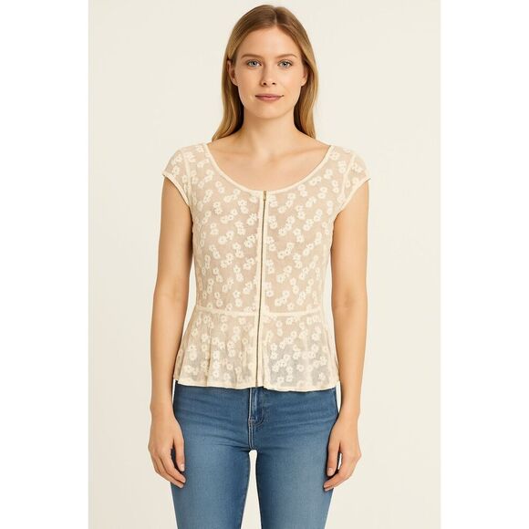 American Eagle Outfitters | Sheer Embroidered Beige Peplum Top Size M | EUC - Picture 1 of 12